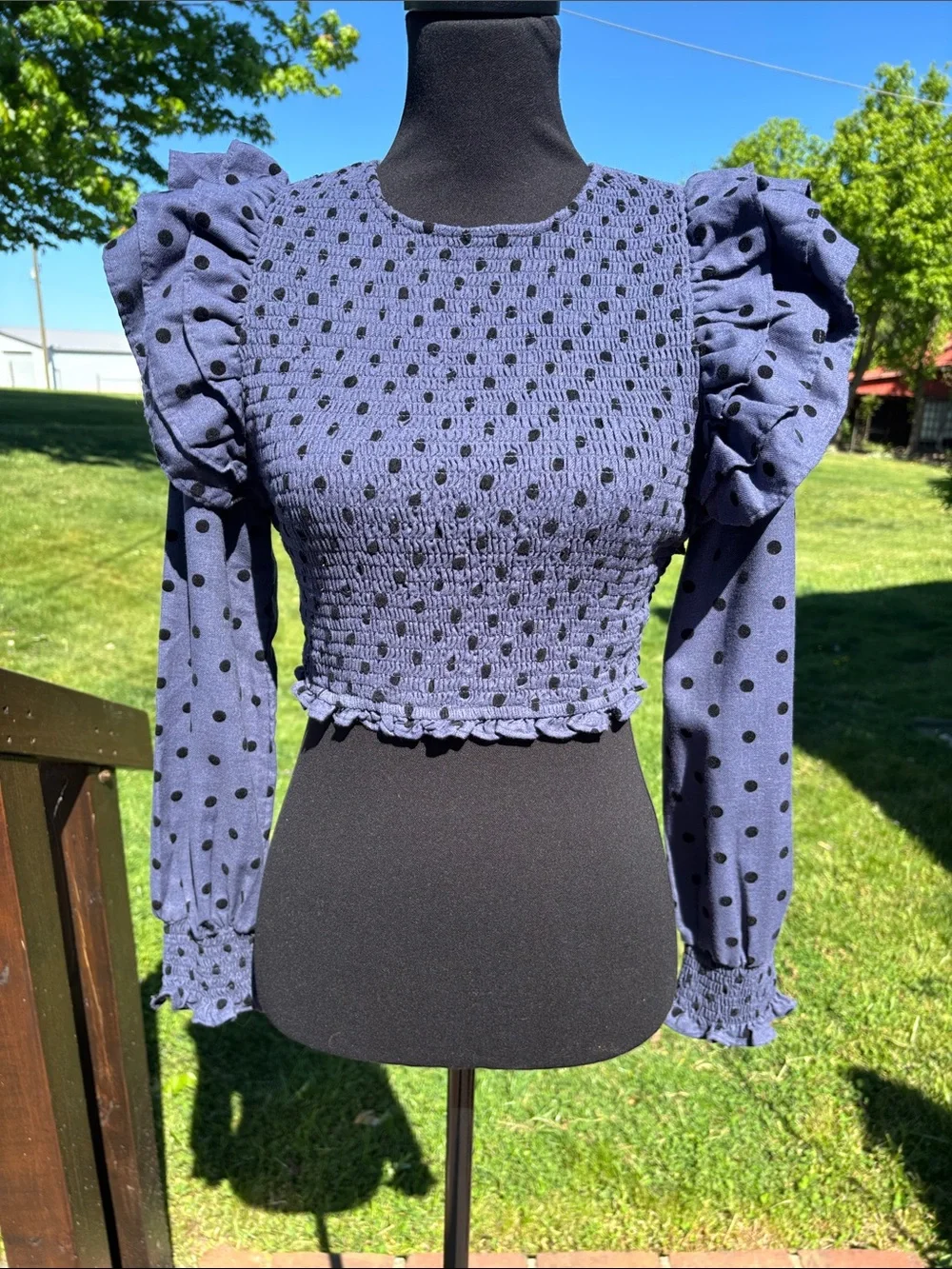 Zara Smocked Periwinkle Blue/Black Polka Dot Ruffle Sleeve Crop Top Small